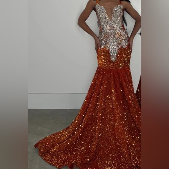 designer prom dress Burnt orange with silver size xs (2) - Picture 3 of 4